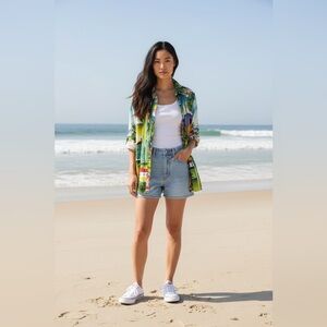 Vibrant Tropical Print Button-Up Shirt - Green Multi Orientique 100 % cotton